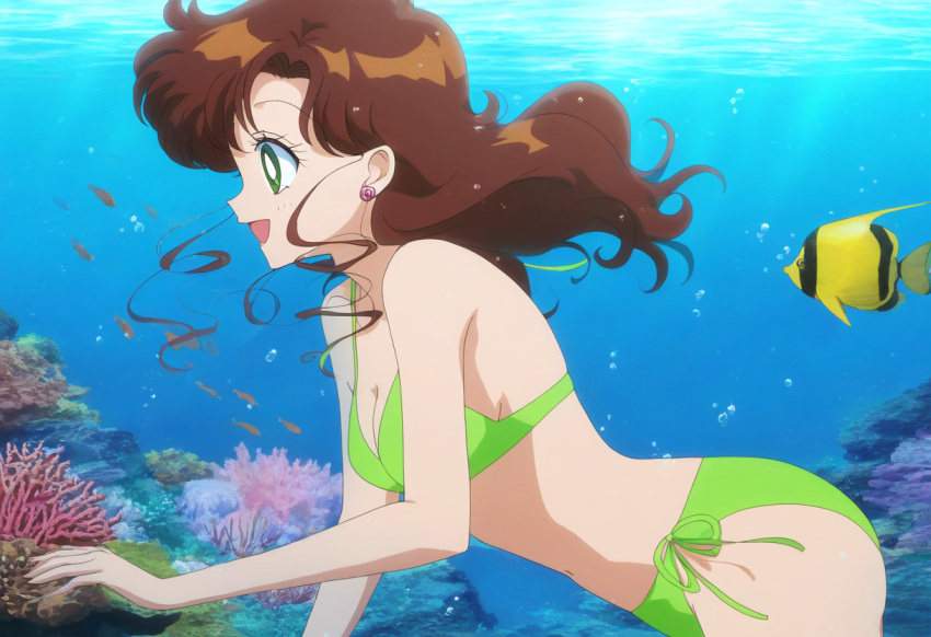 1girl accurate_art_style adult_swim alluring bare_legs big_breasts bikini bishoujo_senshi_sailor_moon bishoujo_senshi_sailor_moon_r bishoujo_senshi_sailor_moon_r_the_movie bishoujo_senshi_sailor_moon_s bishoujo_senshi_sailor_moon_s_the_movie bishoujo_senshi_sailor_moon_supers bishoujo_senshi_sailor_moon_supers_the_movie brown_hair cleavage fish green_eyes kirihyara makoto_kino ocean swimming toei_animation toonami underwater viz_media