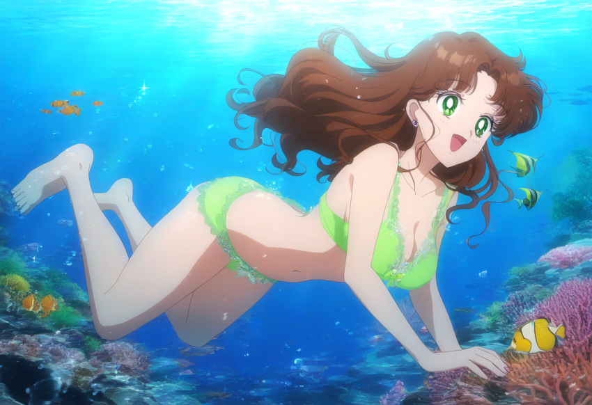 1girl accurate_art_style adult_swim alluring bare_legs big_breasts bikini bishoujo_senshi_sailor_moon bishoujo_senshi_sailor_moon_r bishoujo_senshi_sailor_moon_r_the_movie bishoujo_senshi_sailor_moon_s bishoujo_senshi_sailor_moon_s_the_movie bishoujo_senshi_sailor_moon_supers bishoujo_senshi_sailor_moon_supers_the_movie brown_hair cleavage fish green_eyes kirihyara makoto_kino ocean swimming toei_animation toonami underwater viz_media