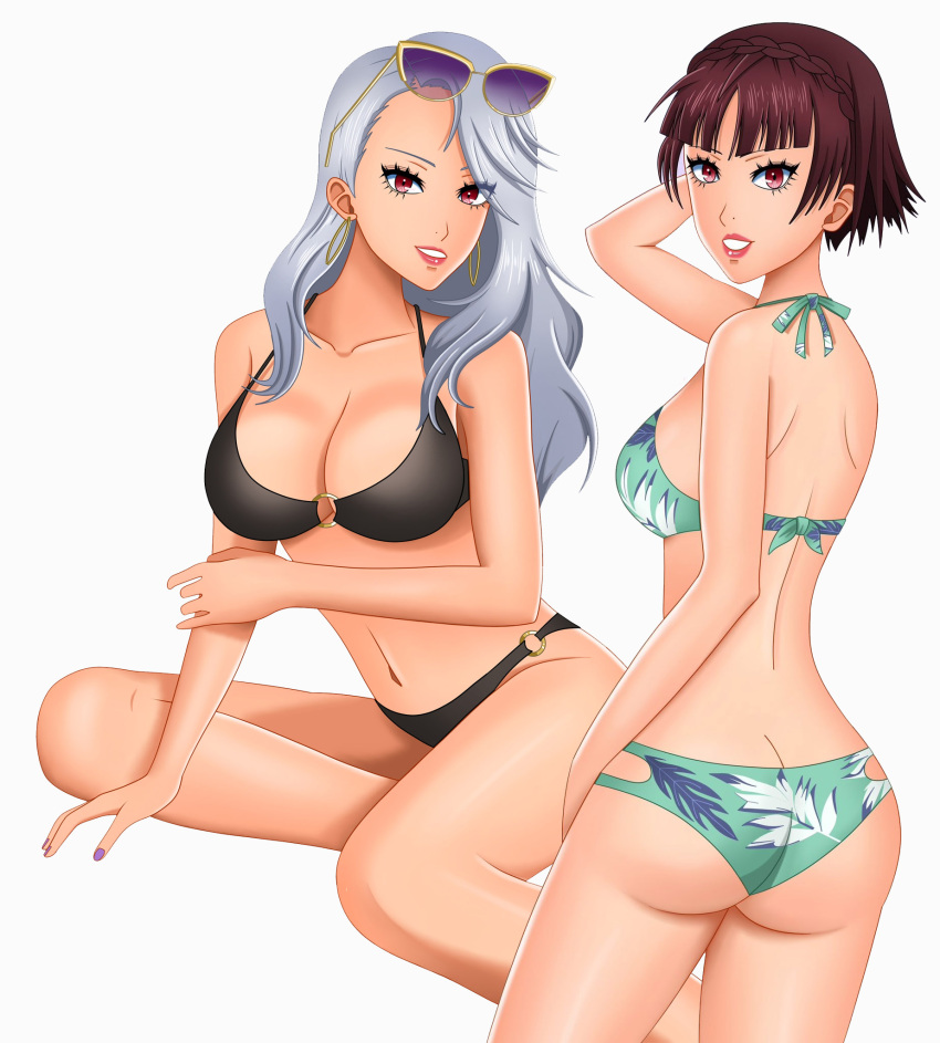 2_girls alluring ass atlus big_breasts bikini brown_hair crimson_eyes looking_at_viewer looking_back makoto_niijima medium_breasts megami_tensei persona persona_5 rrl0215 sae_niijima sega silf silfs silver_hair white_background