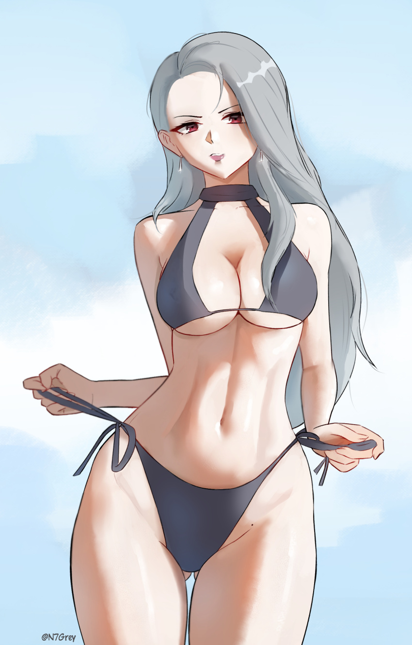 1girl alluring atlus big_breasts bikini crimson_eyes n7grey persona persona_5 pin_up sae_niijima sega silf silver_hair