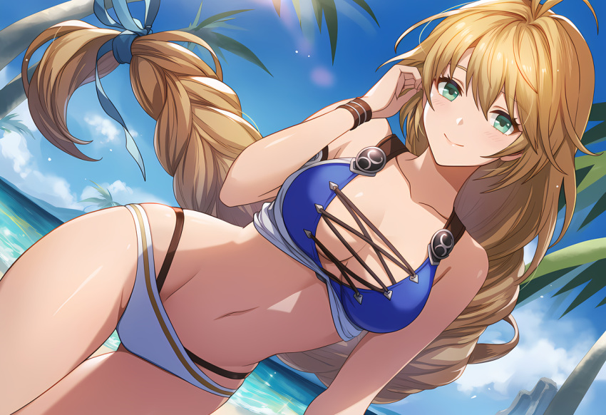 1girl accurate_art_style alluring beach big_breasts bikini blonde_hair blue_eyes cleavage morbid_angel666 ocean pin_up posing project_soul silf sophitia_alexandra soul_calibur soul_calibur_ii soul_calibur_iii soul_calibur_vi wink