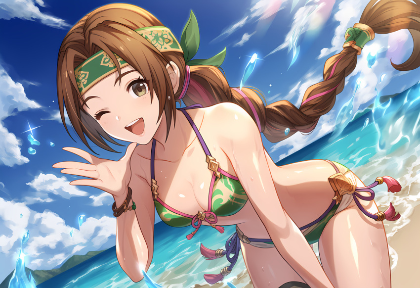 1girl accurate_art_style alluring beach big_breasts bikini brown_eyes brown_hair cleavage morbid_angel666 ocean pin_up posing project_soul seong_mi-na soul_calibur soul_calibur_ii soul_calibur_iii soul_calibur_vi wink