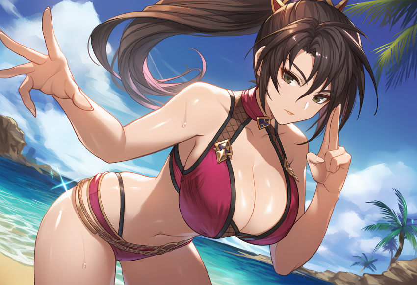 1girl accurate_art_style alluring beach big_breasts bikini black_hair brown_eyes cleavage kunoichi morbid_angel666 ocean pin_up posing project_soul soul_calibur soul_calibur_ii soul_calibur_iii soul_calibur_vi taki
