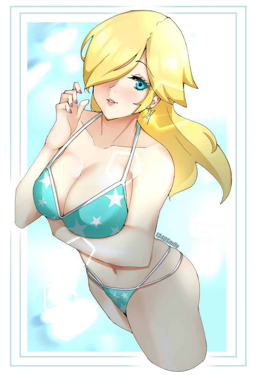 1340smile 1girl absurd_res alluring aqua_bikini arm_under_breasts ass big_breasts bikini blonde_hair blue_eyes breasts cleavage crossed_legs earrings hair_over_one_eye high_res jewelry mario_(series) navel nintendo princess_rosalina rosalina star_(symbol) star_earrings string_bikini super_mario_bros. swimsuit