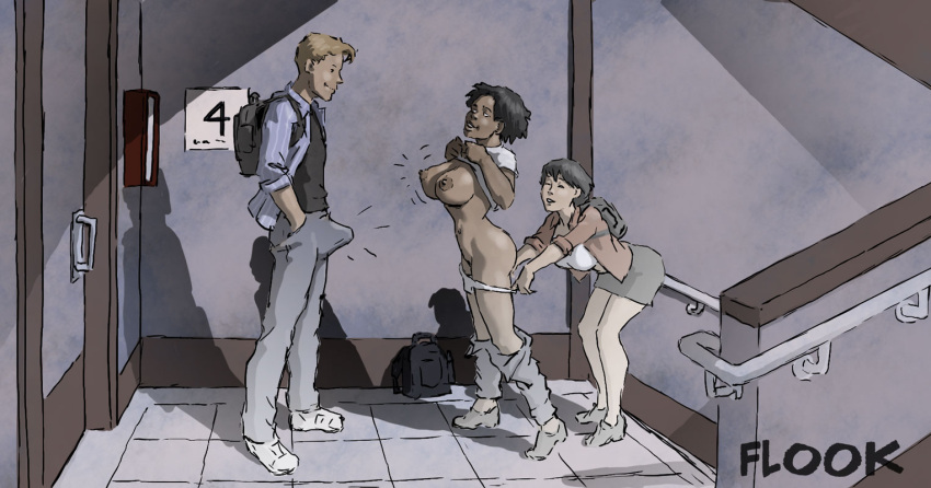 1boy 2_girls backpack bag big_breasts black_hair blonde_hair blonde_male boner breasts breasts_out breasts_out_of_clothes breasts_outside closed_mouth couple dark-skinned_female dark_skin duo erection flook flook_(artist) full_body grey_pants grey_skirt grin hetero indoors interracial looking_at_another miniskirt multiple_girls navel nipples original original_character panties panties_down pants parted_lips pencil_skirt school shadow short_hair skirt smile standing teen teenage_boy teenage_girl underwear undressing undressing_another white_panties white_underwear