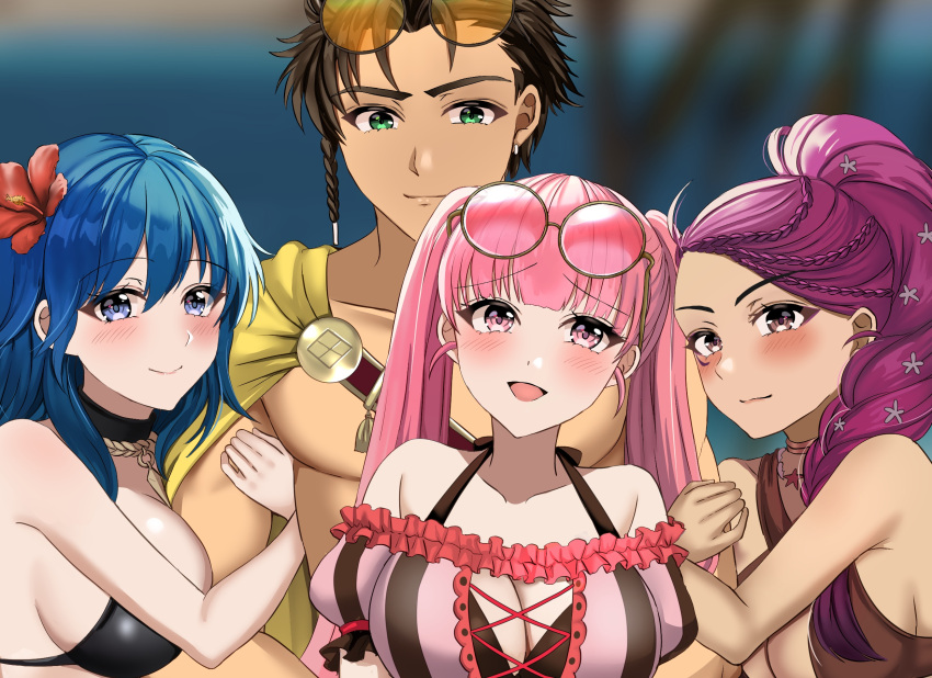 1boy 3_girls alluring big_breasts bikini black_bikini blue_eyes braid braided_ponytail brown_bikini brown_eyes brown_hair byleth_(fire_emblem) byleth_(fire_emblem)_(female) byleth_(summer)_(fire_emblem)_(female) claude_von_riegan claude_von_riegan_(summer) cleavage fire_emblem fire_emblem:_three_houses fire_emblem_heroes green_eyes high_res hilda_valentine_goneril hilda_valentine_goneril_(summer) hugging intelligent_systems long_hair looking_at_viewer medium_breasts medium_hair multiple_girls nintendo official_alternate_costume petra_macneary petra_macneary_(summer) pink_bikini ponytail purple_hair short_hair smile swimsuit tara_(szzj7733) teal_hair twin_tails