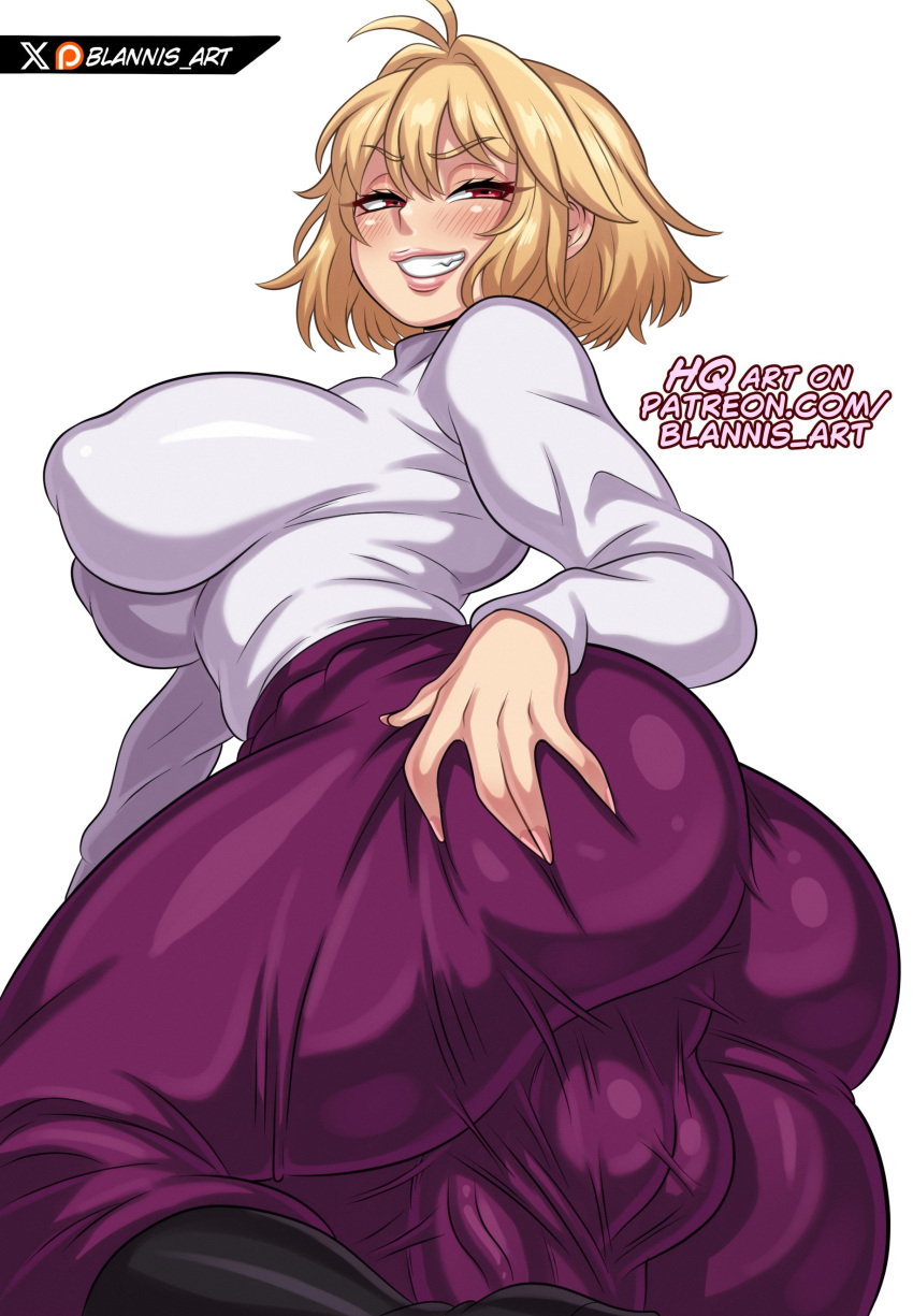 1futa 1girl arcueid_brunestud ass big_balls big_breasts blannis_art blonde_hair blush breasts breedable_hips covered_nipples erection erection_under_clothes futa_only futanari grabbing grabbing_ass grabbing_own_ass grin large_ass large_penis medium_hair melty_blood_arcueid_figure_(meme) meme mesmerizing_ass penis purple_skirt red_eyes sharp_fingernails skirt smile sweater testicle thick_thighs tsukihime type-moon white_sweater