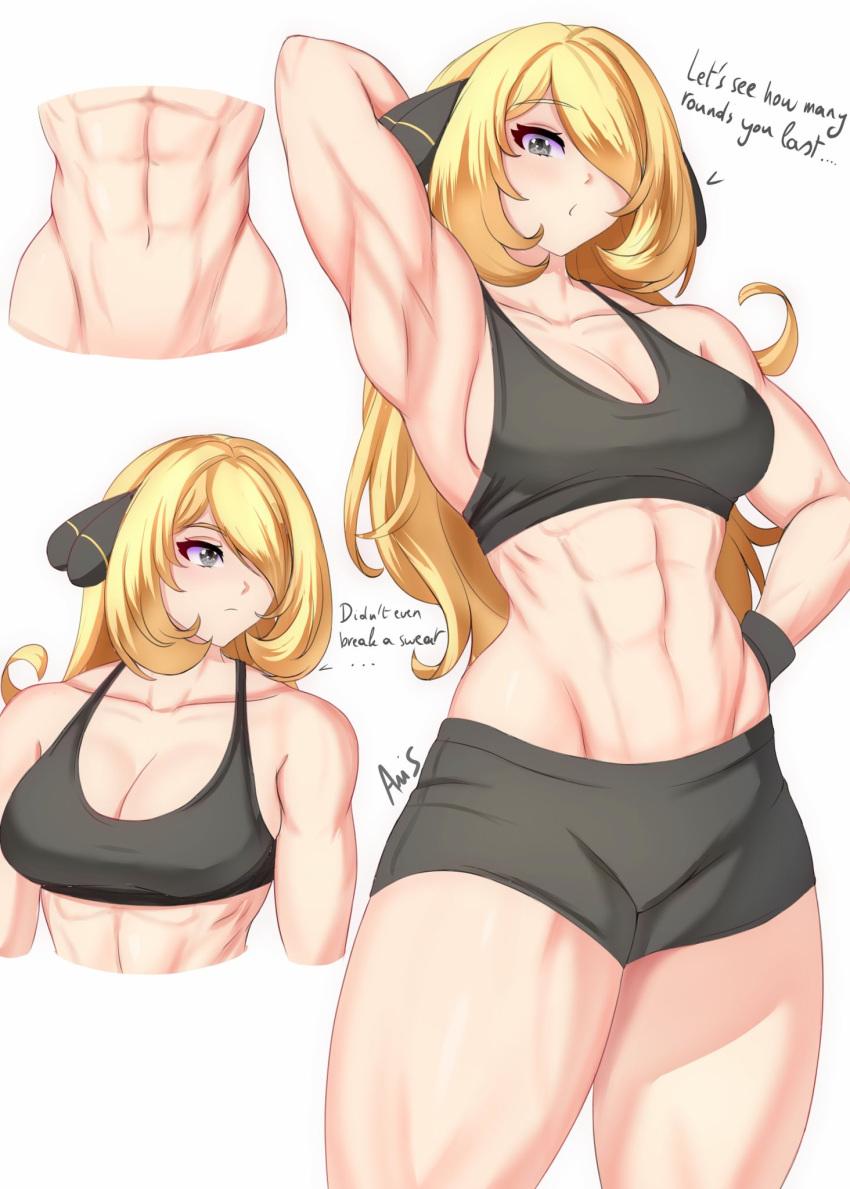 1girl 1girl 1girl abs alluring anisdrawn artist_name athletic_female big_breasts blonde_hair bracelet cleavage cynthia cynthia_(pokemon) dialogue female_abs female_only grey_eyes hair_ornament hair_over_one_eye high_res high_res light-skinned_female light_skin long_hair mfit_female multiple_views ninja pokemon pokemon_dppt sports_bra sportswear text watermark