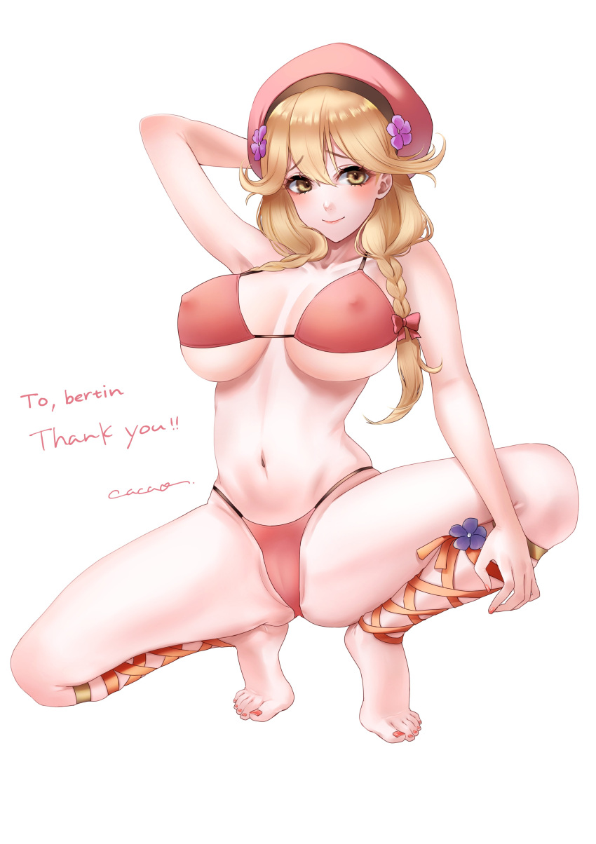 1girl 1girl 1girl alluring alternate_costume alternate_version_available barefoot beret big_breasts bikini covered_nipples erect_nipples erection_under_clothes faye_(fire_emblem) fire_emblem fire_emblem_echoes:_shadows_of_valentia hat intelligent_systems nail_polish nintendo nipple_bulge nipples partially_visible_vulva pose pussy red_bikini red_nails red_swimsuit second-party_source squatting suisai suisaixx swimsuit under_boob