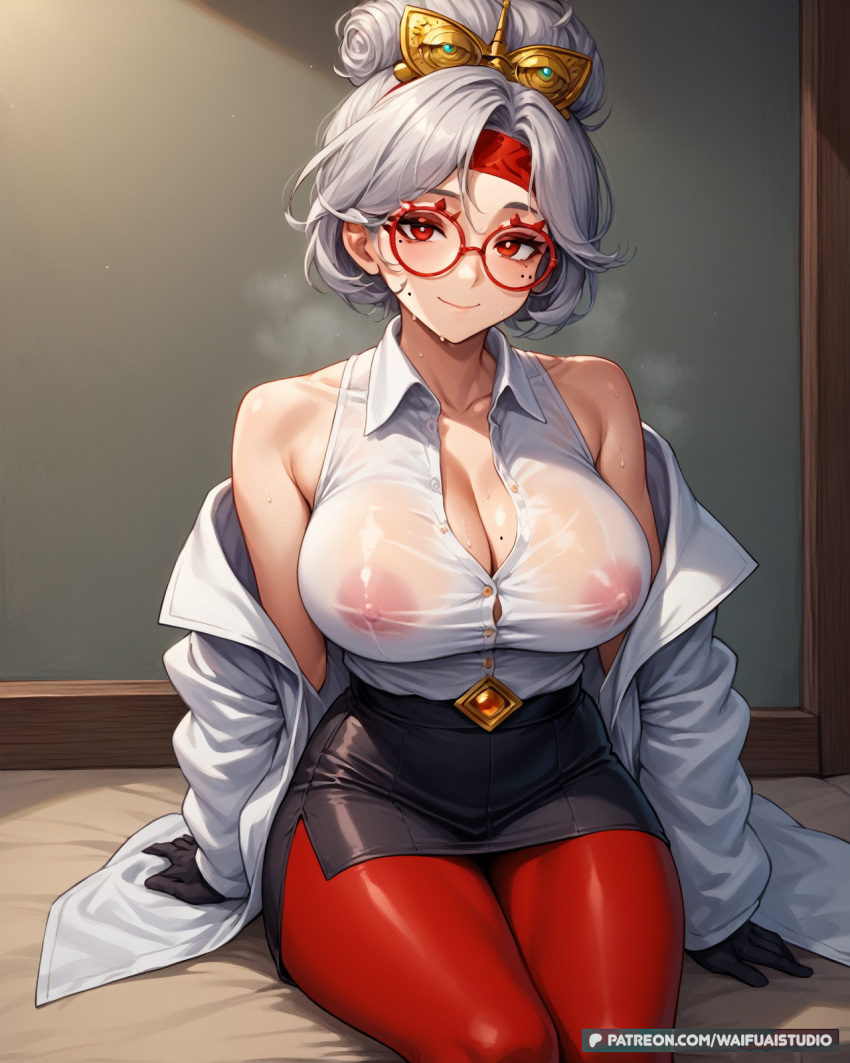 1girl 1girl 1girl bare_shoulders big_breasts black_gloves black_skirt blush breasts button_gap cleavage closed_mouth clothing coat collarbone collared_shirt covered_nipples eyeshadow eyewear eyewear_on_head female_only glasses gloves grey_coat grey_hair hair_bun hair_ornament hair_stick headband jacket lab_coat long_sleeves looking_at_viewer makeup mask_on_head miniskirt mole mole_on_breast nipples no_bra off_shoulder open_clothes pantyhose partially_unbuttoned patreon_username pencil_skirt purah red-framed_eyewear red_eyes red_eyeshadow red_headband red_pantyhose round_eyewear see-through see-through_shirt sheikah shirt shirt_tucked_in short_hair sitting skirt sleeveless sleeveless_shirt smile sweat sweaty_clothes thick_thighs thighs updo waifuai_studio web_address wet wet_clothes wet_shirt white_coat white_hair white_jacket white_shirt
