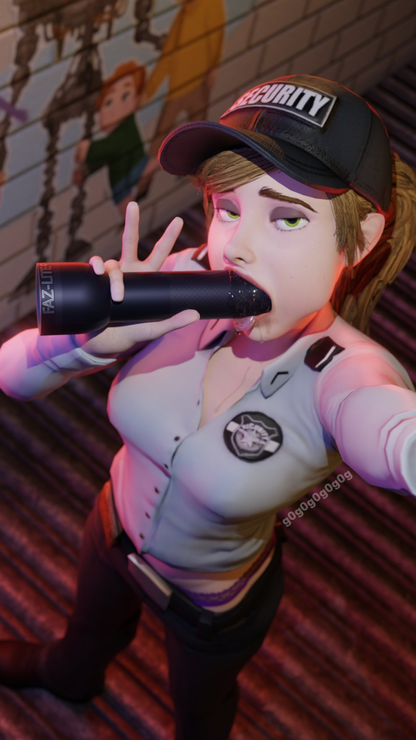 1girl 1girl 1girls 3d 3d_model 3d_render accurate_art_style big_breasts blonde_hair breasts clothing five_nights_at_freddy's five_nights_at_freddy's:_security_breach flashlight g0g0g0g0g0g improvised_dildo improvised_sex_toy looking_at_viewer loose_pants panties security_guard seductive seductive_look vanessa_(fnaf) wardrobe_malfunction