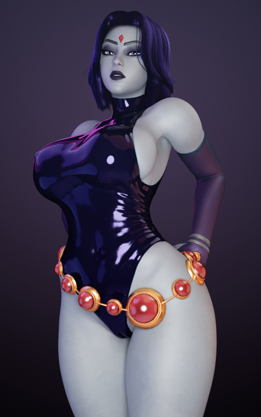 1girl 1girl 1girls 3d batesz big_breasts big_breasts blender breasts dc_comics dc_comics female_only goth goth_girl latex light-skinned_female light_skin pale-skinned_female pale_skin rachel_roth raven_(dc) seductive teen_titans thick_thighs