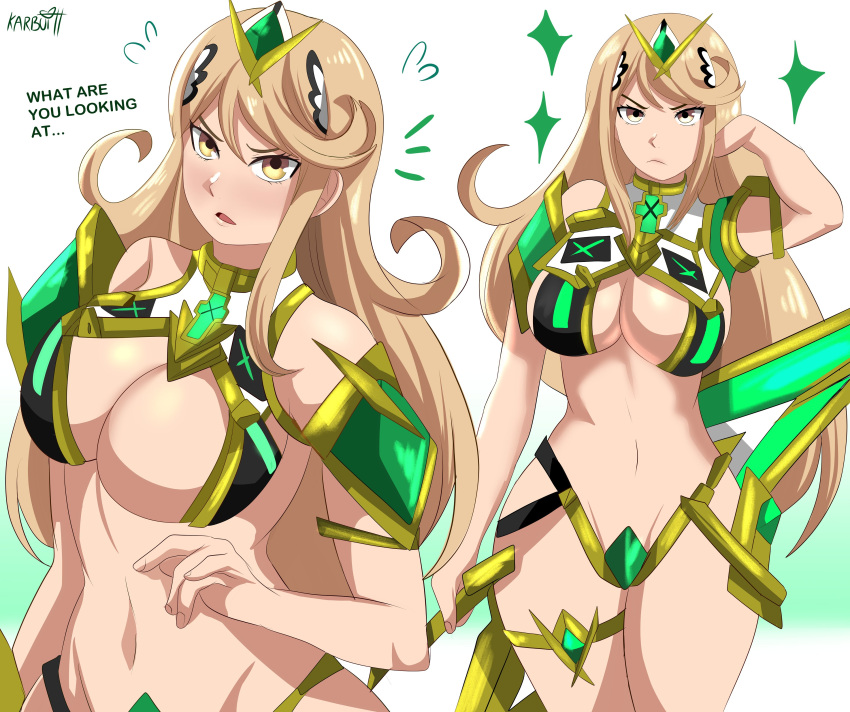 1girl 1girl 1girls absurd_res absurd_res absurd_resolution accessory armor bare_shoulders big_breasts big_breasts big_breasts blonde_hair breast_focus breasts_focus curvaceous curvy curvy_female curvy_figure dialogue english_text female_focus female_only high_res high_res high_resolution jewelry karbuitt light-skinned_female light_skin long_hair midriff monolith_soft mythra_(xenoblade) navel nintendo shoulder_pads simple_background solo_female solo_focus tagme text thick_thighs thighs tiara voluptuous voluptuous_female xenoblade_(series) xenoblade_chronicles_2 yellow_eyes