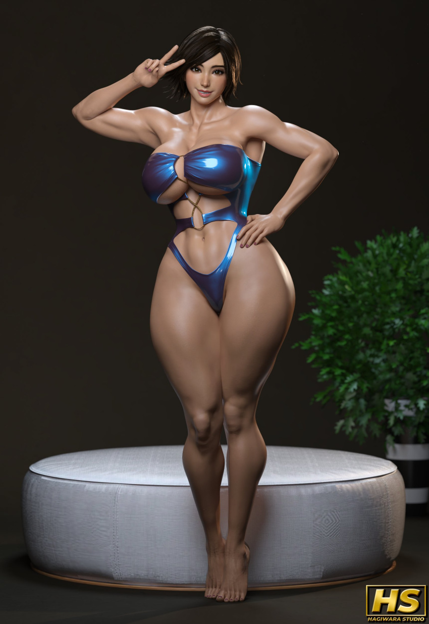 1girl 1girl 2025 3d 3d_(artwork) abs alluring artist_logo artist_signature asian asian_female ass athletic athletic_female bare_arms bare_legs bare_shoulders bare_thighs barefoot big_ass big_ass big_breasts big_breasts big_breasts breasts brown_eyes brown_hair cleavage clothed_female clothing color colored curvaceous curves curvy curvy_body curvy_female curvy_figure curvy_hips fanart female_abs fit_female full_color grin hagiwara_studio hip japanese japanese_female kazama_asuka large_ass large_butt light-skinned_female light_skin looking_at_viewer nail_polish nails namco naughty one-piece_bikini peace_sign pink_nail pink_nails pose posing seductive short_hair smile smiling_at_viewer stomach swimsuit tekken tekken_7 tekken_8 tekken_tag_tournament_2 thick_thighs thighs tomboy video_game video_game_character video_game_franchise video_games