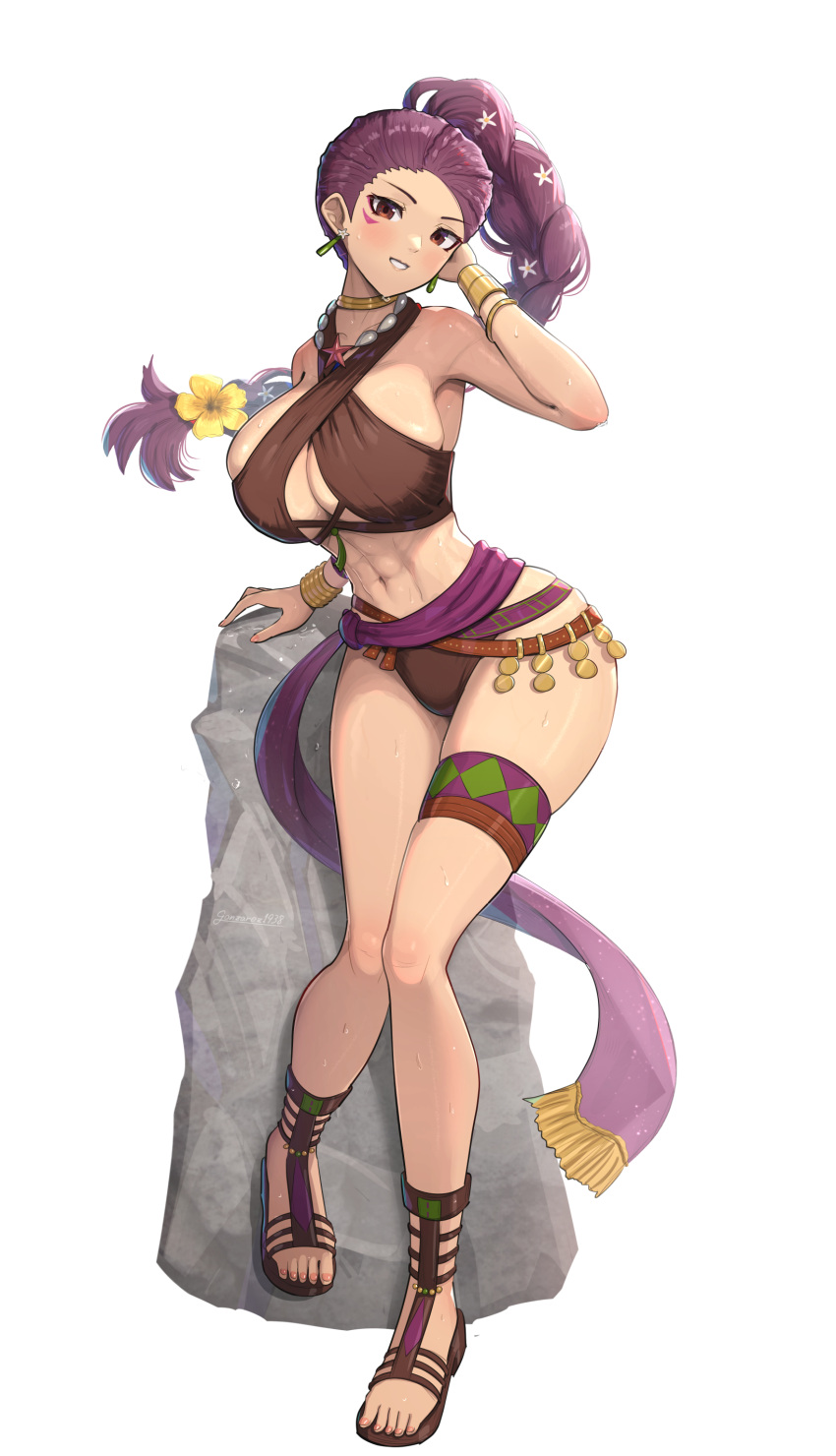 1girl 1girl abs absurd_res alluring big_breasts bikini bracelet brown_bikini cleavage criss-cross_halter earrings fire_emblem fire_emblem:_three_houses fire_emblem_heroes full_body gladiator_sandals gonzarez halterneck high_res intelligent_systems jewelry long_hair looking_at_viewer navel nintendo official_alternate_costume petra_macneary petra_macneary_(summer) purple_hair sandals skindentation swimsuit thighs