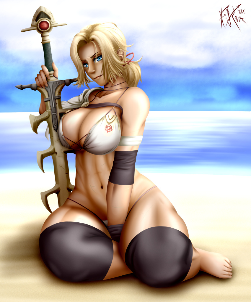 1girl 1girl abs athletic_female barefoot beach big_breasts big_breasts bikini blonde_hair blue_eyes catherine_(fire_emblem) cleavage feet female_abs female_only fire_emblem fire_emblem:_three_houses fit_female fluxx_pwr huge_breasts intelligent_systems knee_pads nintendo scars sitting smile sword tan_skin thick_thighs thunderbrand_(fire_emblem) toes toned toned_female weapon wide_hips