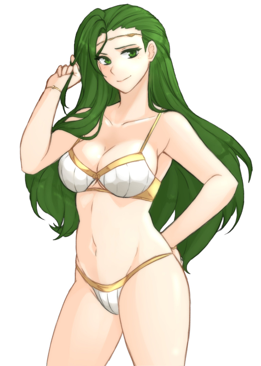 1girl 1girl absurd_res alluring alternate_costume annand_(fire_emblem) arms_behind_back bare_shoulders big_breasts bra circlet cleavage cowboy_shot fire_emblem fire_emblem:_genealogy_of_the_holy_war gold_trim green_eyes green_hair high_res intelligent_systems long_hair looking_at_viewer mature_female navel nintendo panties simple_background smile standing thighs tridisart tucking_hair underwear white_bra white_panties