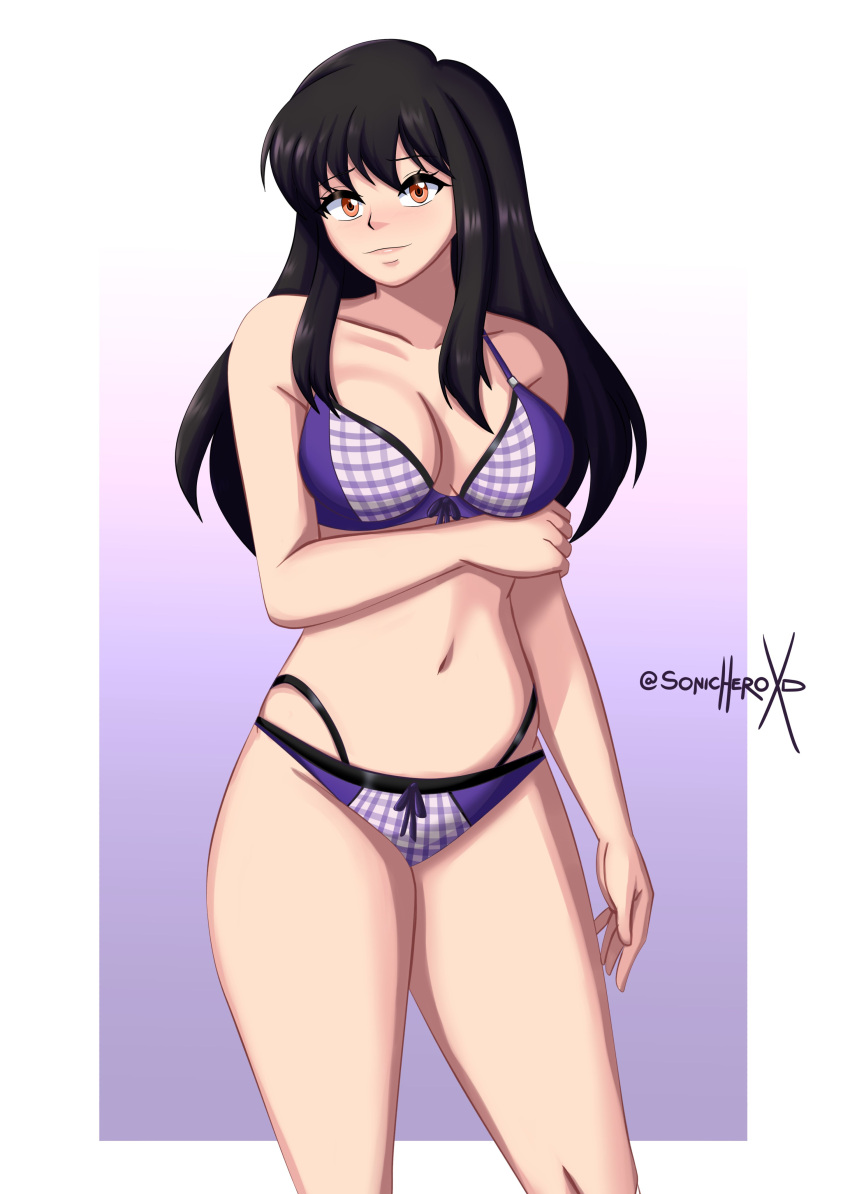 1girl 1girl absurd_res alluring arm_across_chest arm_under_breasts astrid_(fire_emblem) bare_arms bare_legs bare_shoulders big_breasts bikini black_hair cleavage collarbone commentary commission commissioner_upload cowboy_shot english_commentary fire_emblem fire_emblem:_path_of_radiance fire_emblem:_radiant_dawn high_res intelligent_systems looking_at_viewer navel nervous nintendo orange_eyes purple_bikini sonicheroxd stomach swimsuit thighs