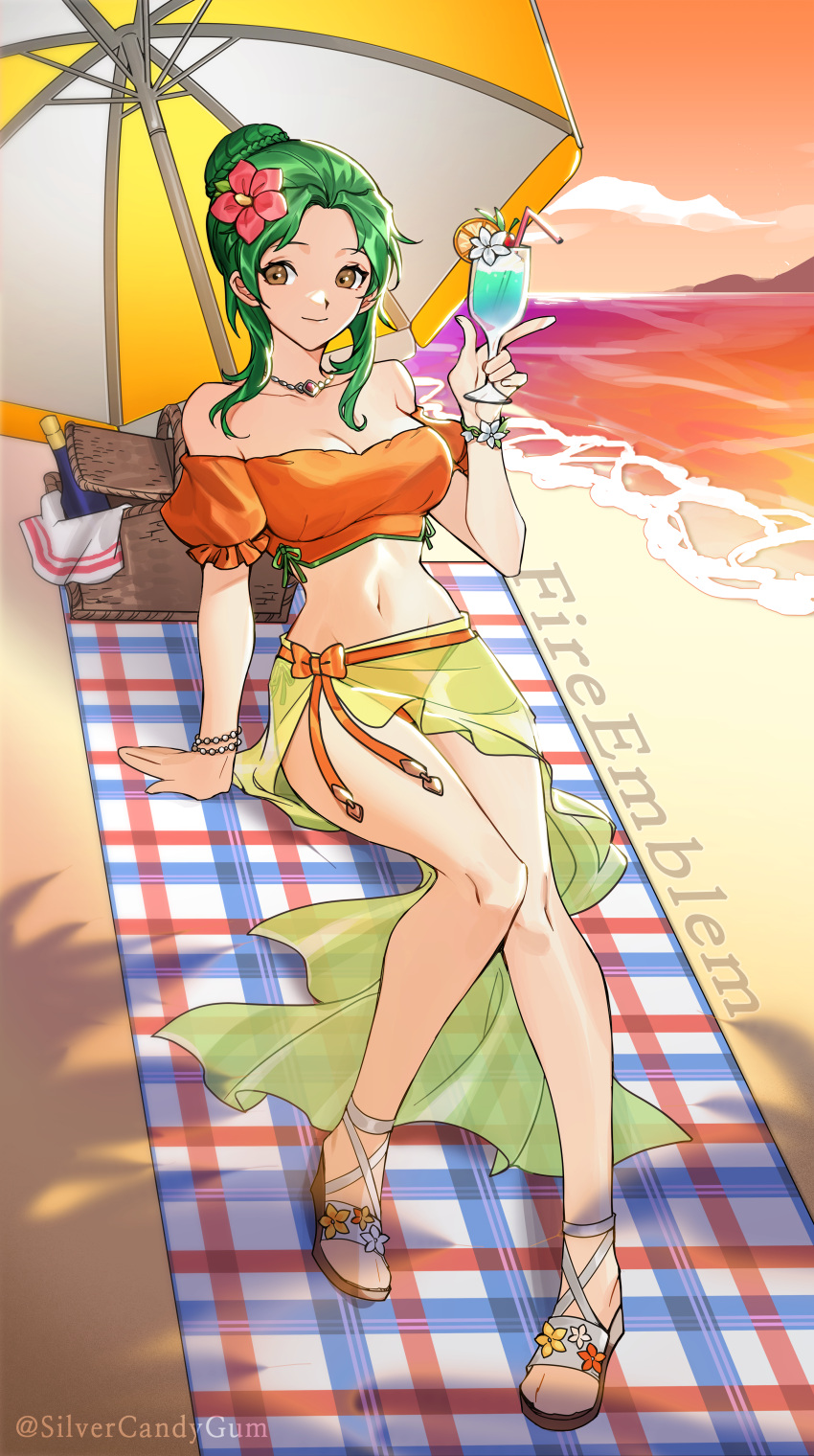 1girl 1girl absurd_res alluring arm_support artist_name bare_legs bare_shoulders beach beach_towel beach_umbrella bead_bracelet beads big_breasts bikini bracelet braid braided_bun brown_eyes cleavage collarbone commentary commission copyright_name cup drinking_glass drinking_straw elincia_ridell_crimea elincia_ridell_crimea_(summer) english_commentary fire_emblem fire_emblem:_radiant_dawn fire_emblem_heroes flower forehead green_hair hair_bun hair_flower hair_ornament hand_up high_res holding holding_cup intelligent_systems jewelry long_hair looking_at_viewer md5_mismatch navel necklace nintendo ocean off-shoulder_bikini off_shoulder official_alternate_costume orange_bikini orange_sky outside pink_flower pixiv_commission puffy_short_sleeves puffy_sleeves resolution_mismatch sandals sarong short_sleeves silvercandy_gum sitting sky smile source_smaller stomach swimsuit thighs towel twitter_username umbrella water