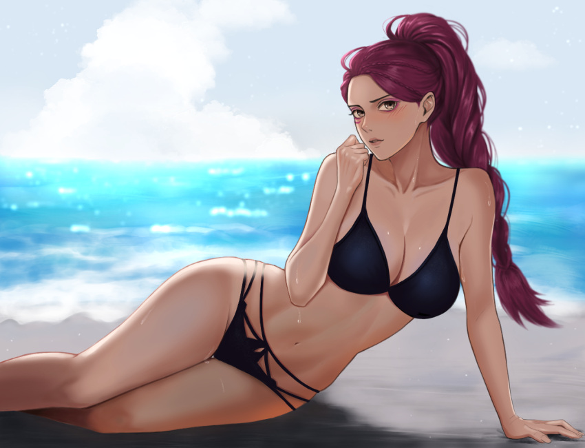 1girl 1girl alluring alternate_costume beach big_breasts bikini cleavage cloud commission commissioner_upload fire_emblem fire_emblem:_three_houses intelligent_systems looking_at_viewer lying nintendo on_side petra_macneary ponytail skeb_commission swimsuit tori_art07 water