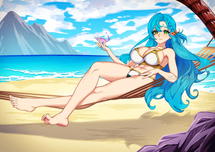 1girl 1girl alluring aqua_hair beach big_breasts bow braid chloe_(fire_emblem) cleavage commentary commission drink english_commentary fire_emblem fire_emblem_engage green_eyes high_res holding holding_drink intelligent_systems long_hair looking_at_viewer mountainous_horizon nintendo on_hammock orange_bow sand side_braid smile vekneim vgen_commission