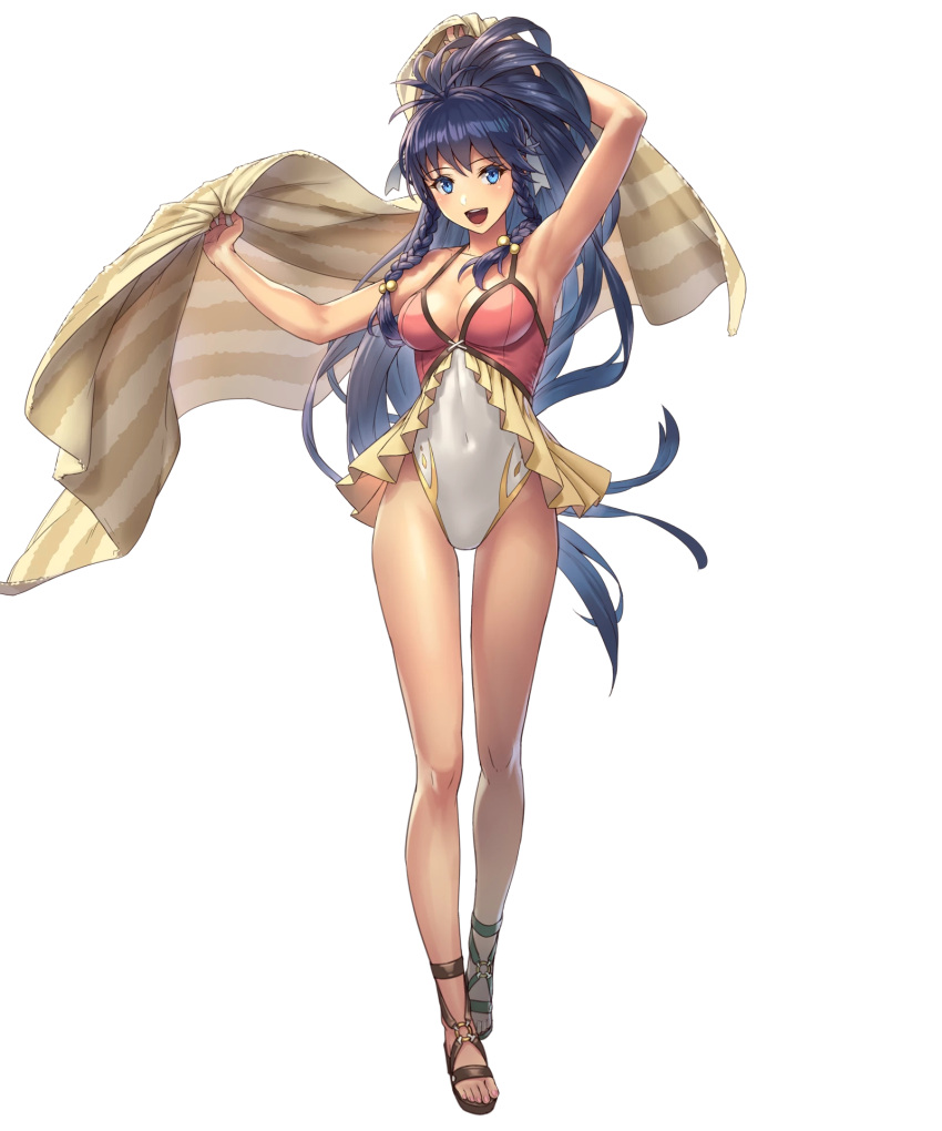 1girl 1girl alluring armpits beach_towel big_breasts blue_eyes blue_hair braid cleavage covered_navel cuboon feet female_focus fire_emblem fire_emblem:_the_sacred_stones fire_emblem_heroes full_body high_res intelligent_systems long_hair nintendo non-web_source official_art one-piece_bikini open_mouth ponytail sandals side_braid smile standing swimsuit tana_(fire_emblem) tana_(noble_and_nimble)_(fire_emblem) toes towel transparent_background twin_braids very_long_hair