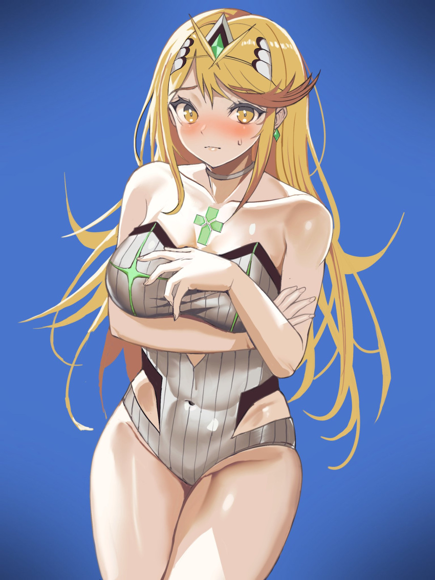 1girl 1girl alluring big_breasts blonde-haired_female blonde_female blonde_hair blonde_hair_female blush female_only mythra_(radiant_beach)_(xenoblade) mythra_(xenoblade) one-piece_bikini rokubanana swimsuit white_bikini white_one-piece_bikini xenoblade_(series) xenoblade_chronicles_2 yellow_eyes