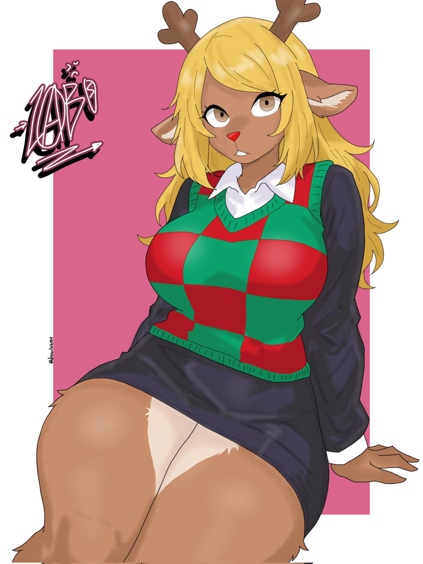 1girl 1girl animal_ears antlers big_breasts big_breasts blonde_hair breasts brown_eyes checkered deer_ears deltarune drawlab33t furry horns long_hair long_sleeves looking_at_viewer noelle_holiday pencil_skirt shirt sitting skirt tagme thick_thighs thighs undertale_(series)