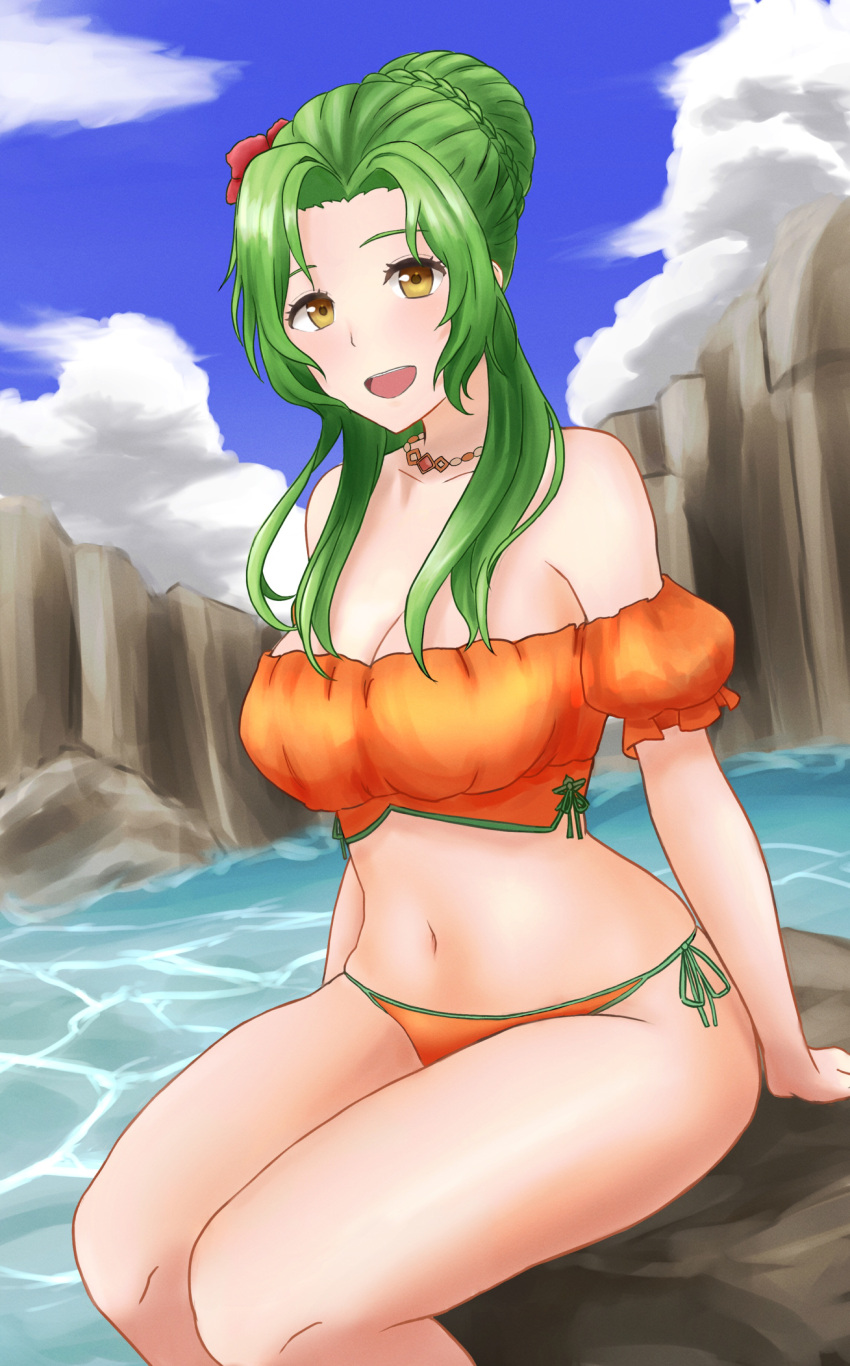 1girl 1girl :d absurd_res alluring bare_shoulders big_breasts bikini blue_sky braid braided_bun cleavage cloud day elincia_ridell_crimea elincia_ridell_crimea_(summer) fee_(oskna1) feet_out_of_frame fire_emblem fire_emblem:_radiant_dawn flower green_hair hair_bun hair_flower hair_ornament high_res intelligent_systems long_hair looking_at_viewer navel nintendo off-shoulder_bikini off_shoulder open_mouth orange_bikini puffy_short_sleeves puffy_sleeves red_flower rock short_sleeves side-tie_bikini_bottom sitting sky smile stomach swimsuit thighs water yellow_eyes