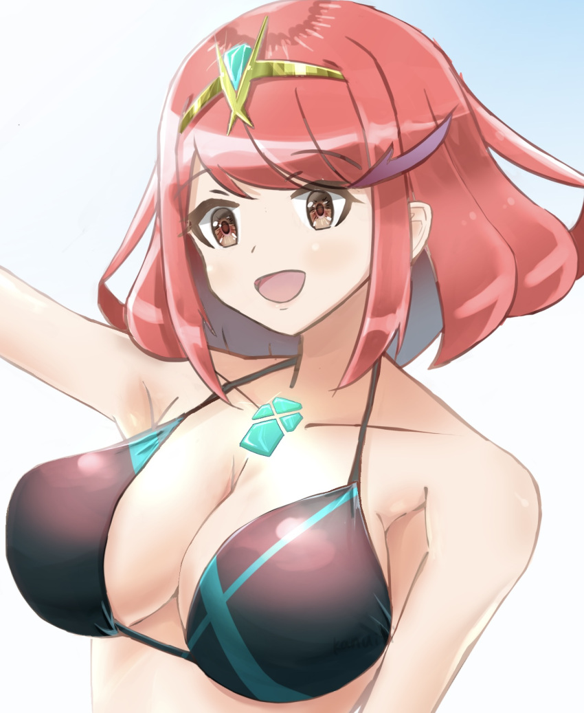 1girl 1girl :d adapted_costume alluring alternate_costume big_breasts bikini black_bikini chest_jewel cleavage core_crystal_(xenoblade) heroine high_res kanuici336 milf open_mouth pyra_(xenoblade) red_eyes red_hair short_hair smile swept_bangs swimsuit tiara two-tone_bikini xenoblade_(series) xenoblade_chronicles_2