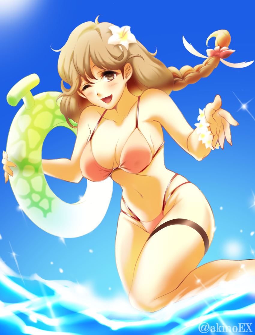 1girl 1girl ;d akino_(gokosei) alluring alternate_costume big_breasts bikini blue_sky blush bow braid brown_eyes brown_hair collarbone covered_erect_nipples faye_(fire_emblem) fire_emblem fire_emblem_echoes:_shadows_of_valentia floating_hair flower hair_between_eyes hair_bow hair_flower hair_ornament high_res innertube intelligent_systems long_hair looking_at_viewer multi-strapped_bikini navel nintendo one_eye_closed open_mouth pink_bikini pink_bow sideboob single_braid sky smile summer swim_ring swimsuit thigh_strap twitter_username watermark white_flower