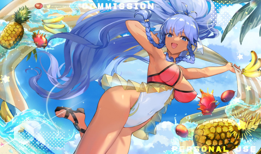 1girl 1girl :d alluring arms_up artist_name banana bare_shoulders beach big_breasts blue_eyes blue_hair braid cleavage commission cowboy_shot fire_emblem fire_emblem:_the_sacred_stones fire_emblem_heroes food fruit high_res hsin intelligent_systems long_hair nintendo ocean official_alternate_costume one-piece_bikini open_mouth outside pineapple ponytail side_braids smile swimsuit tan tana_(fire_emblem) tana_(noble_and_nimble)_(fire_emblem) twin_braids watermark