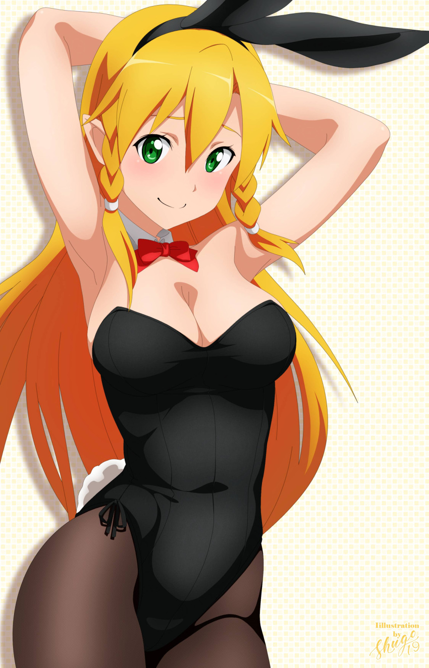 1girl 1girls 2d 2d_(artwork) 2d_artwork alluring arm_behind_head arms_behind_head arms_up bare_arms bare_chest bare_hands bare_shoulders bare_skin big_breasts black_bunny_ears black_bunnysuit black_hairband black_legwear black_leotard black_pantyhose black_topwear blonde-haired_female blonde_eyebrows blonde_female blonde_hair blonde_hair_female bowtie braid braided_hair braided_sidelock bunny_ears bunnygirl bunnygirl_outfit bunnysuit busty_female busty_girl cleavage collar collarbone curvaceous curvaceous_body curvaceous_female curvaceous_figure curvaceous_hips curvy curvy_body curvy_female curvy_figure curvy_hips digital digital_art digital_drawing digital_drawing_(artwork) digital_media digital_media_(artwork) elbows exposed_arms exposed_chest exposed_shoulders exposed_skin female_focus female_only green-eyed_female green_eyes groin hair_between_eyes hand_behind_head hands_behind_head hands_up high_res high_resolution hourglass_figure large_boobs leafa lean_figure legwear leotard long_hair looking_at_viewer narrow_waist navel pantyhose plump_breasts posing posing_for_the_viewer red_bowtie shoulders shugo19 simple_background slender_body slender_waist slim_waist standing sword_art_online thick_thighs thighs topwear upper_body white_background white_collar wide_hips yellow-haired_female yellow_eyebrows yellow_hair
