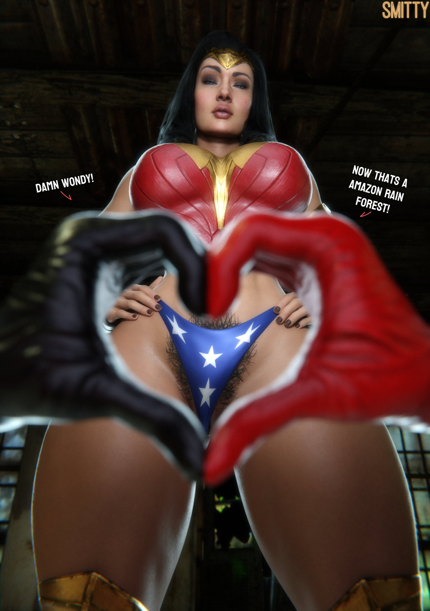 1girl 1girls 3d artist_name batman_(series) big_breasts big_breasts big_thighs black_hair clothed clothed_female curvaceous curvy curvy_figure dc_comics dc_comics dialogue english_text female_focus female_only hands_on_hips harley_quinn harley_quinn_(classic) heart_hands hips hourglass_figure huge_breasts huge_thighs injustice_2 large_thighs light-skinned_female light_skin long_hair non-nude painted_nails pubic_hair pussy_hair slim_waist smitty34 superheroine text thick_thighs thighs thong wide_hips wide_thighs wonder_woman wonder_woman_(injustice) wonder_woman_(series)