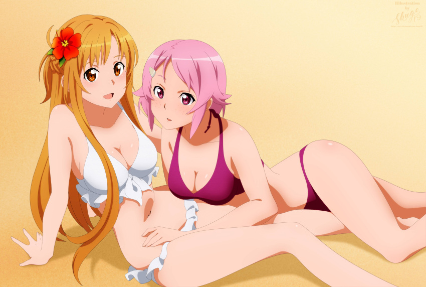 1girl 2_girls 2d 2d_(artwork) 2d_artwork :o alluring arm_support asuna_(sao) back-tie_bikini back-tie_swimwear bare_arms bare_belly bare_calves bare_chest bare_hands bare_hips bare_knees bare_legs bare_midriff bare_navel bare_shoulders bare_skin bare_thighs big_breasts big_breasts bikini bikini_bottom bikini_only bikini_top breasts brown-eyed_female brown-haired_female brown_eyebrows brown_eyes brown_hair busty_female busty_girl busty_teen calves cleavage collarbone curvaceous curvaceous_body curvaceous_female curvaceous_figure curvaceous_hips curvaceous_teen curvaceous_thighs curvy curvy_body curvy_female curvy_figure curvy_hips curvy_teen curvy_thighs digital digital_art digital_drawing digital_drawing_(artwork) digital_media digital_media_(artwork) elbows exposed_arms exposed_belly exposed_chest exposed_hips exposed_legs exposed_midriff exposed_navel exposed_shoulders exposed_skin exposed_thighs female_focus female_only fingernails fingers flower flower_hair_ornament flower_in_hair flower_on_head front-tie_bikini front-tie_bikini_top full_body hair_clip hair_ornament hair_ornaments hairclip half_updo halterneck hand_on_belly hand_on_own_belly hand_on_own_stomach hand_on_stomach high_res high_resolution high_school_student hourglass_figure knees lean_figure legs lisbeth long_hair looking_at_viewer lying lying_down lying_on_floor lying_on_ground lying_on_side medium_breasts midriff multiple_females multiple_girls narrow_waist navel on_floor on_side open_mouth open_mouth_smile orange_background parted_bangs parted_lips pink-haired_female pink_eyebrows pink_hair pink_hair_female purple-eyed_female purple_bikini purple_bikini_bottom purple_bikini_top purple_eyes purple_string_bikini purple_swimsuit purple_swimwear school_girl school_girls shiny_ass shiny_breasts shiny_butt shiny_hair shiny_shoulders shiny_skin short_hair shoulders shugo19 simple_background sitting sitting_on_ass sitting_on_floor sitting_on_ground slender_body slender_waist slim_waist string_bikini swimsuit swimwear sword_art_online teen teen_girl teenage_girl teenage_girls teenage_tits thighs tongue white_bikini white_bikini_bottom white_bikini_top white_string_bikini white_swimsuit white_swimwear wide_hips young_female young_woman yuuki_asuna