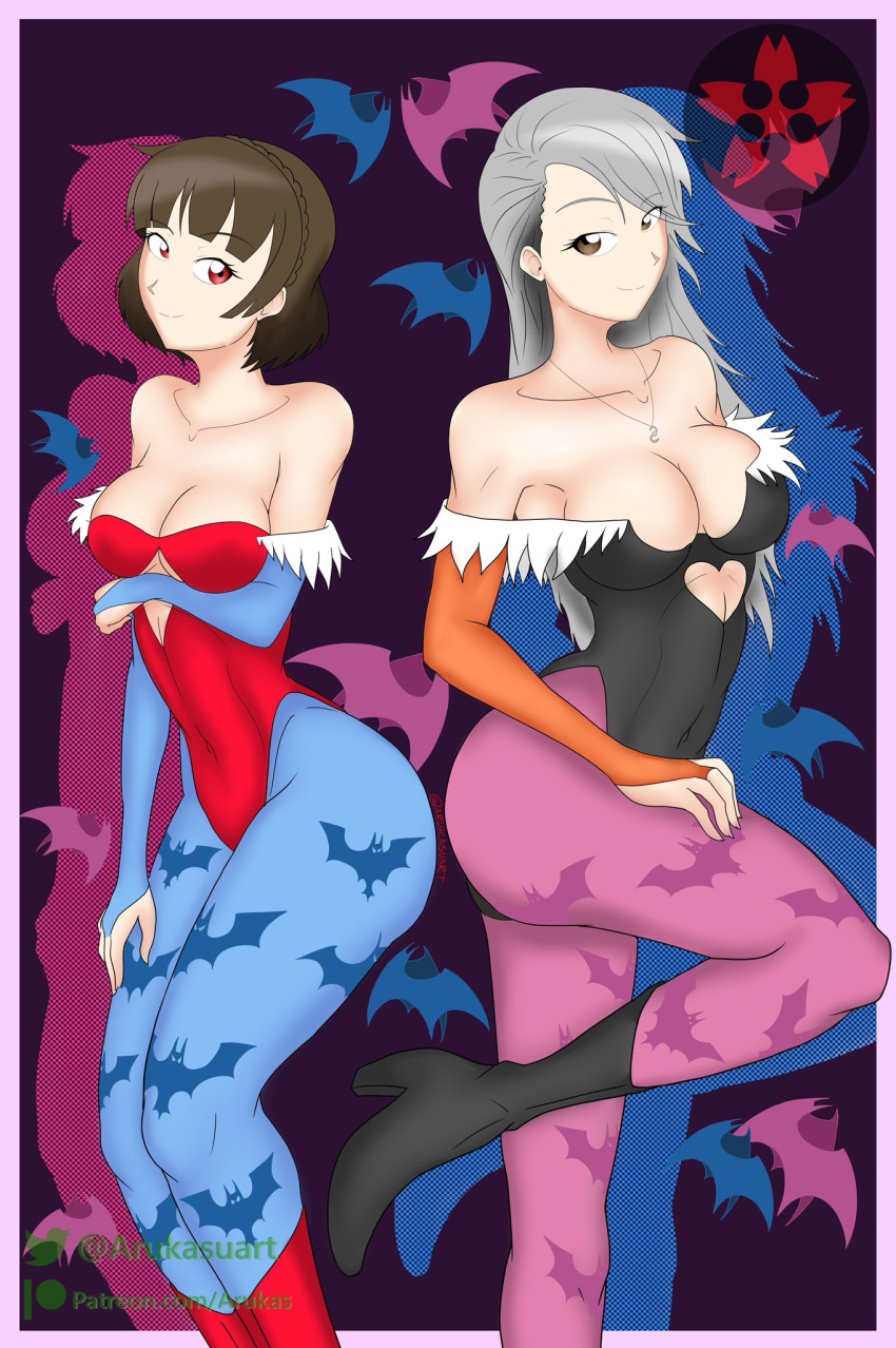 1girl 2_girls animal_print arukas ass atlus bat_print big_breasts big_breasts black_leotard brown_eyes brown_hair cosplay darkstalkers female_only leotard lilith_aensland_(cosplay) long_hair makoto_niijima medium_hair megami_tensei morrigan_aensland_(cosplay) multiple_females multiple_girls persona persona_5 red_eyes red_leotard sae_niijima sega silf silfs silver_hair sisters