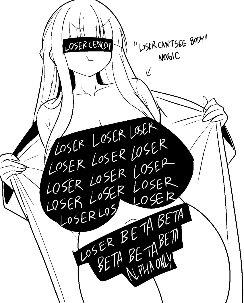 1girl 2d big_breasts black_and_white black_censor_bar censor_bar censored censored_breasts censored_pussy fern_(sousou_no_frieren) flashing flashing_at_viewer flashing_breasts flashing_pussy geulimykun_(skbyunea413) loser no_color nude nude_female pout pouting solo_female solo_focus sousou_no_frieren text unnecessary_censorship