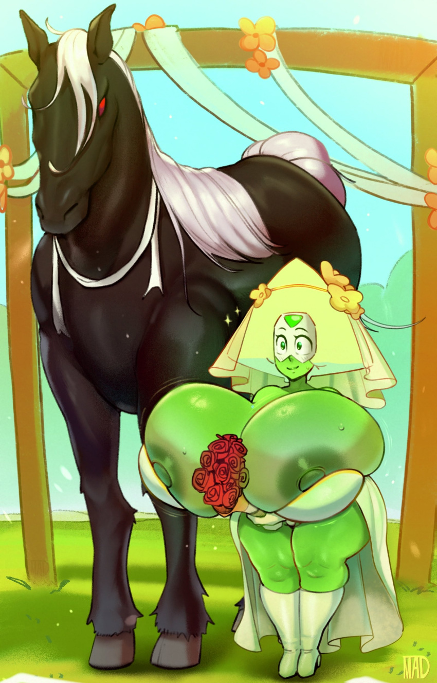 1girl absurd_res areola big_breasts biped bodily_fluids bouquet breasts breasts_bigger_than_head breasts_bigger_than_torso bride cartoon_network clothing dress duo enormous_breasts equid equine female_on_feral feral flower gem_(species) green_body high_res hooves horse huge_breasts human human_on_feral hyper hyper_breasts interspecies interspecies_marriage larger_feral madheaven mammal nipples peridot_(steven_universe) plant pupils quadruped rose_(flower) shortstack size_difference smaller smaller_female smile steven_universe sweat thick_thighs three-quarter_view wedding wedding_dress zoophilia