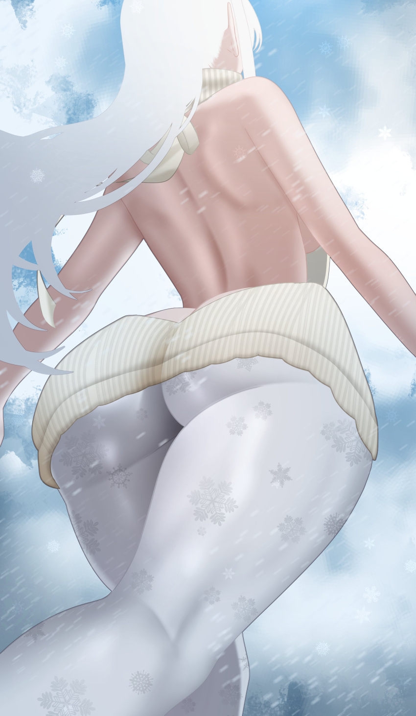 1girl absurd_res ass backless_outfit big_breasts blue_sky breasts cloud commentary english_commentary facing_away grey_hair grey_sweater high_res indie_virtual_youtuber long_hair n4hkz outside pantyhose sideboob sky snow_print sweater virgin_killer_sweater virtual_youtuber zentreya zentreya_(cyborg) zentreya_(jolly_zen)