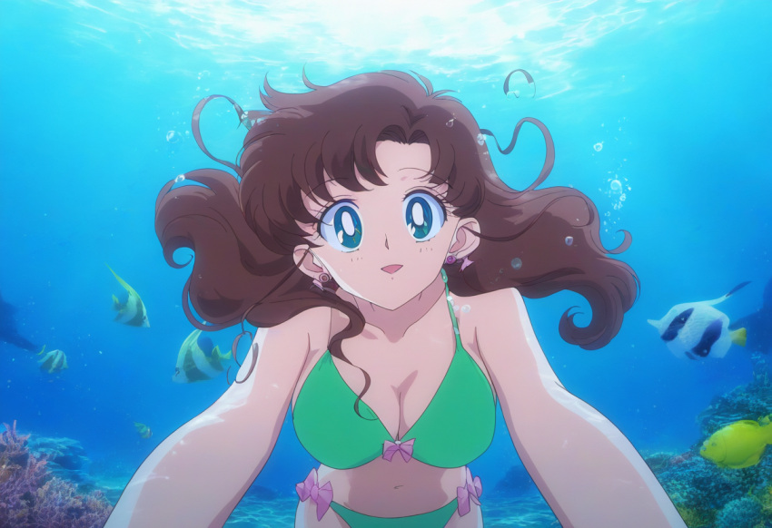 1girl accurate_art_style adult_swim alluring bare_legs big_breasts bikini bishoujo_senshi_sailor_moon bishoujo_senshi_sailor_moon_r bishoujo_senshi_sailor_moon_r_the_movie bishoujo_senshi_sailor_moon_s bishoujo_senshi_sailor_moon_s_the_movie bishoujo_senshi_sailor_moon_supers bishoujo_senshi_sailor_moon_supers_the_movie brown_hair cleavage fish green_eyes kirihyara makoto_kino ocean swimming toei_animation toonami underwater viz_media