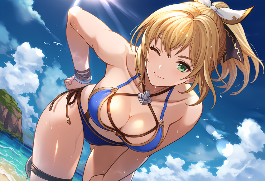 1girl accurate_art_style alluring beach big_breasts bikini blonde_hair blue_eyes cassandra_alexandra cleavage morbid_angel666 ocean pin_up posing project_soul silf soul_calibur soul_calibur_ii soul_calibur_iii soul_calibur_vi wink
