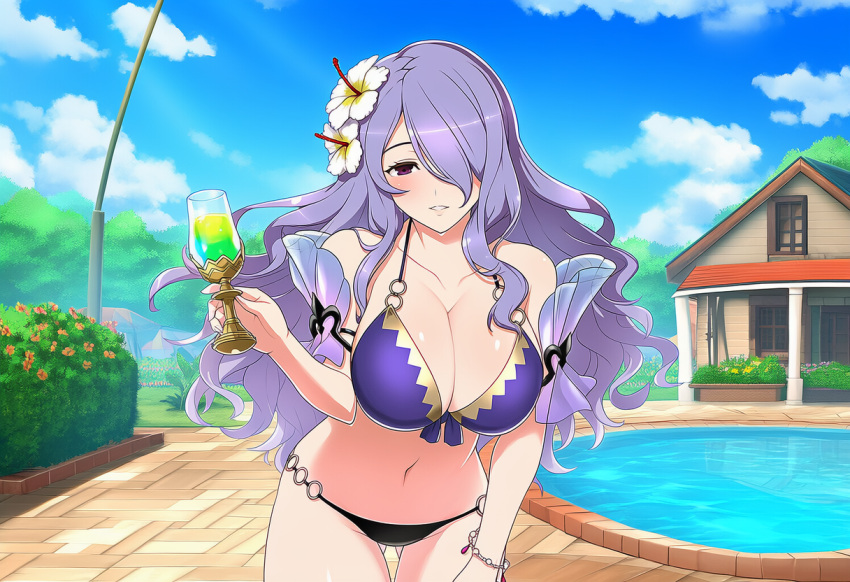 1girl accurate_art_style alluring big_breasts bikini camilla_(fire_emblem) cleavage fire_emblem fire_emblem_warriors holding_glass lavender_hair nicado nintendo pear_juice pin_up purple_eyes swimming_pool