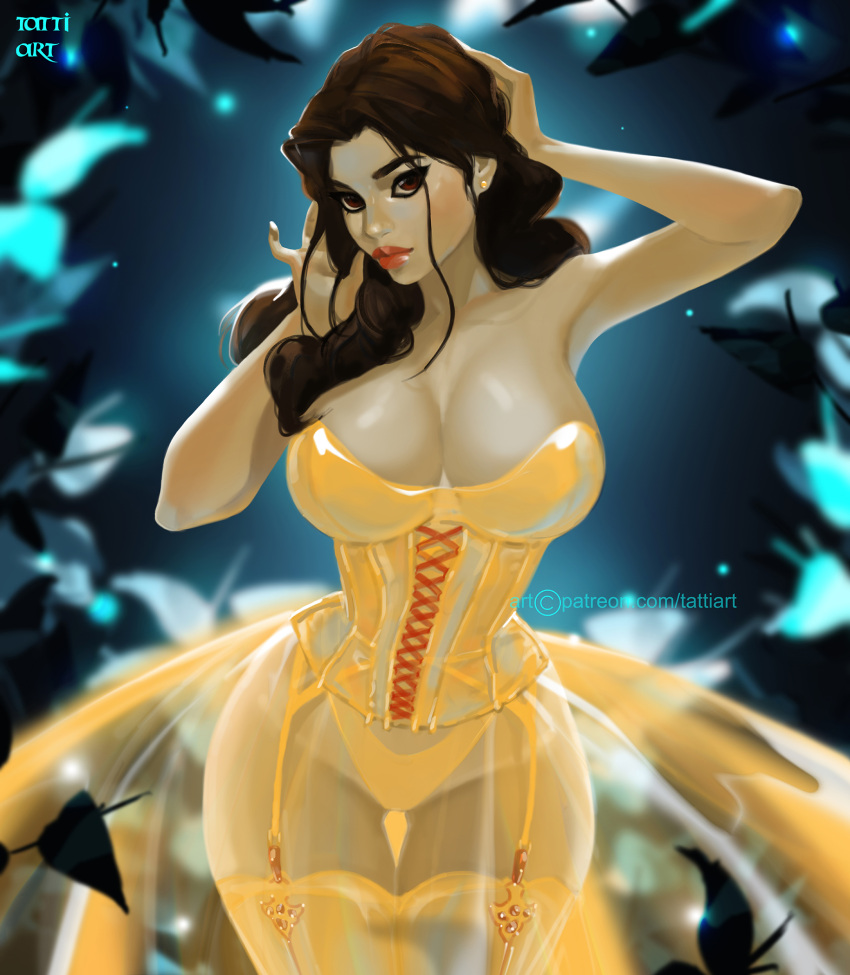 1girl adapted_costume adjusting_hair alternate_hairstyle arm_up bangs bare_arms bare_shoulders beauty_and_the_beast beauty_and_the_beast_(1991_film) big_breasts blurry blurry_background breasts brown_eyes brown_hair cleavage closed_mouth coffeeart collarbone disney disney_princess dress earrings expressionless female_only female_solo gold_earrings gold_jewelry hair_down hand_up head_tilt jewelry lips lipstick long_dress long_hair looking_at_viewer makeup neck parted_bangs princess princess_belle red_lipstick see-through see-through_clothes see-through_dress serious standing straight_hair strapless strapless_dress stud_earrings yellow_dress