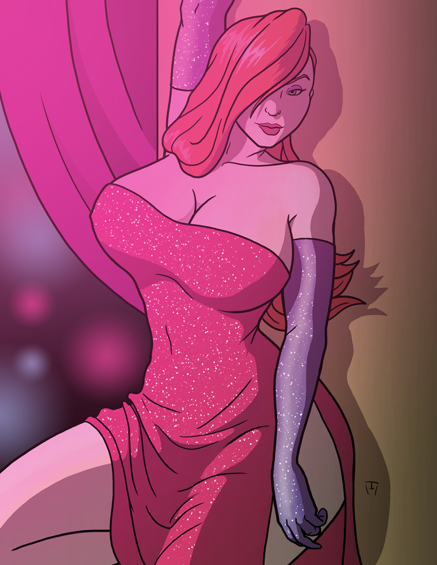 1girl against_wall arm_up bare_legs bare_shoulders big_breasts breasts cleavage closed_mouth collarbone disney dress elbow_gloves eyeshadow female_only female_solo gloves green_eyes hair_over_one_eye huge_breasts indoors jessica_rabbit legs long_dress long_hair looking_at_viewer makeup naughty_face neck orange_hair purple_eyeshadow purple_gloves red_dress red_hair shadow side_slit smile standing straight_hair strapless strapless_dress taynorhook thighs who_framed_roger_rabbit