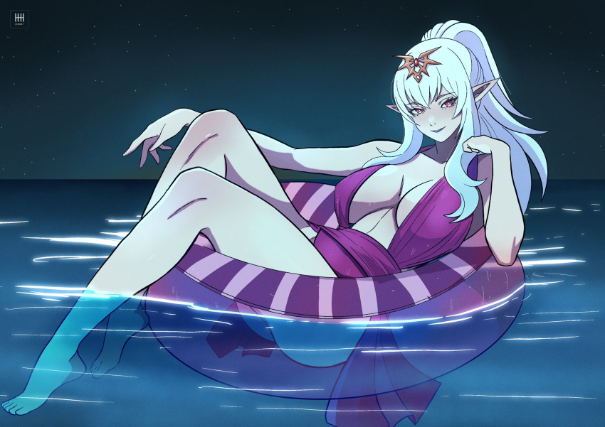 1girl alluring alternate_color alternate_costume alternate_eye_color alternate_hair_color ass bare_arms bare_legs bare_shoulders big_breasts bikini collarbone commentary english_commentary fire_emblem fire_emblem_awakening fire_emblem_warriors high_res ihsnet innertube intelligent_systems long_hair looking_at_viewer night nintendo outside partially_submerged pointy_ears ponytail purple_bikini red_eyes smile swim_ring swimsuit thighs tiki_(adult)_(fire_emblem) tiki_(fire_emblem) white_hair