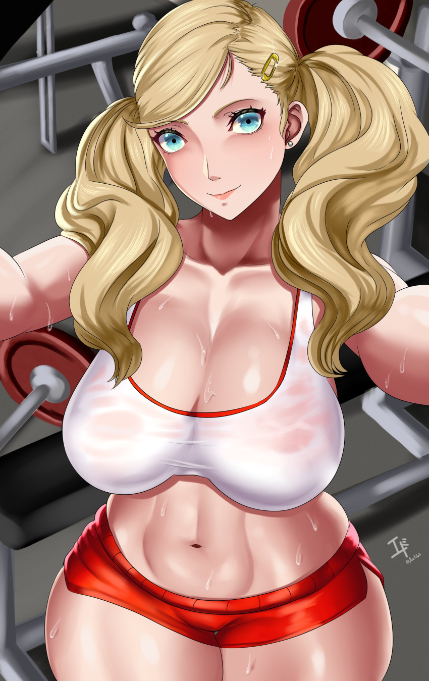 1girl alluring ann_takamaki arcedo athletic_female atlus big_breasts blonde_hair blue_eyes booty_shorts fit_female light-skinned_female light_skin long_hair persona persona_5 pink_lips sega short_shorts shorts sports_bra sportswear sweat sweaty thick_thighs twin_tails wide_hips