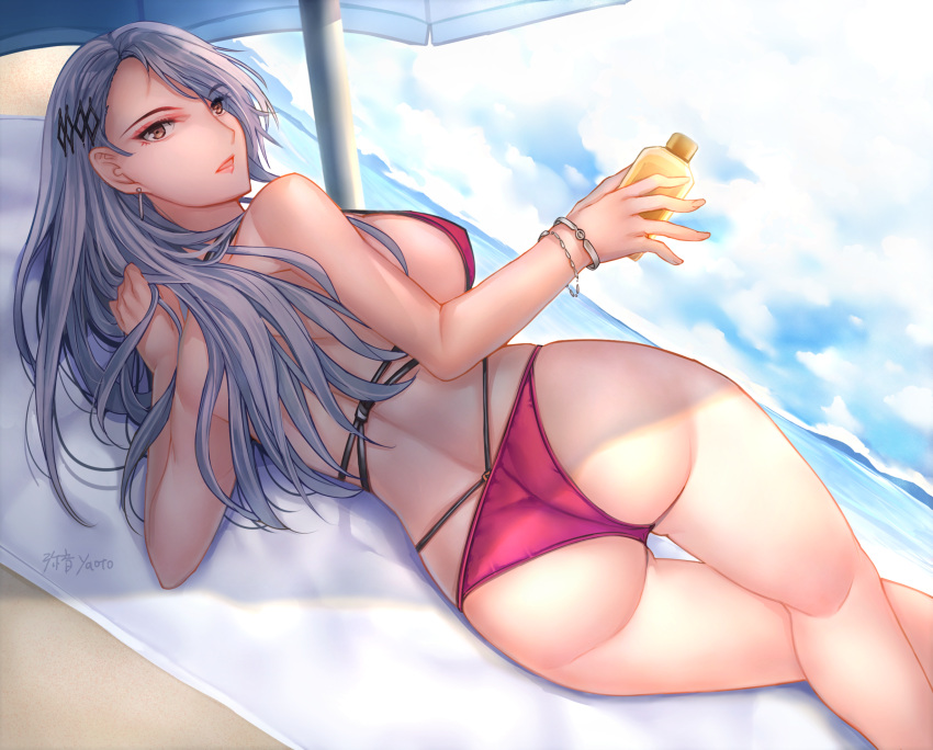 1girl alluring ass atlus beach big_breasts bikini ocean persona persona_5 sae_niijima sega silf silver_hair sunscreen yaoto