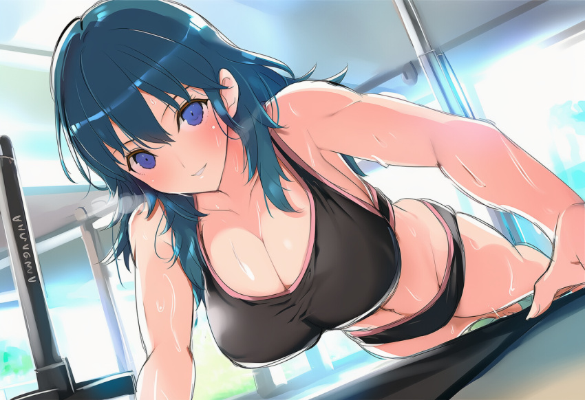 1girl alluring athletic_female big_breasts byleth_(fire_emblem) byleth_(fire_emblem)_(female) cleavage dumbbell female_abs fire_emblem fire_emblem:_three_houses fit_female gym gym_shorts intelligent_systems nicado nintendo push-ups sports_bra teal_eyes teal_hair working_out