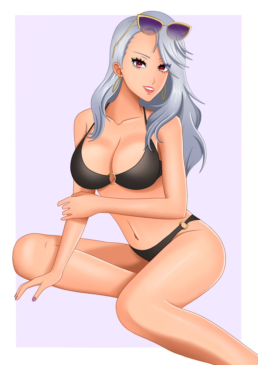1girl alluring atlus big_breasts bikini crimson_eyes persona persona_5 pin_up rrl0215 sae_niijima sega silf silver_hair