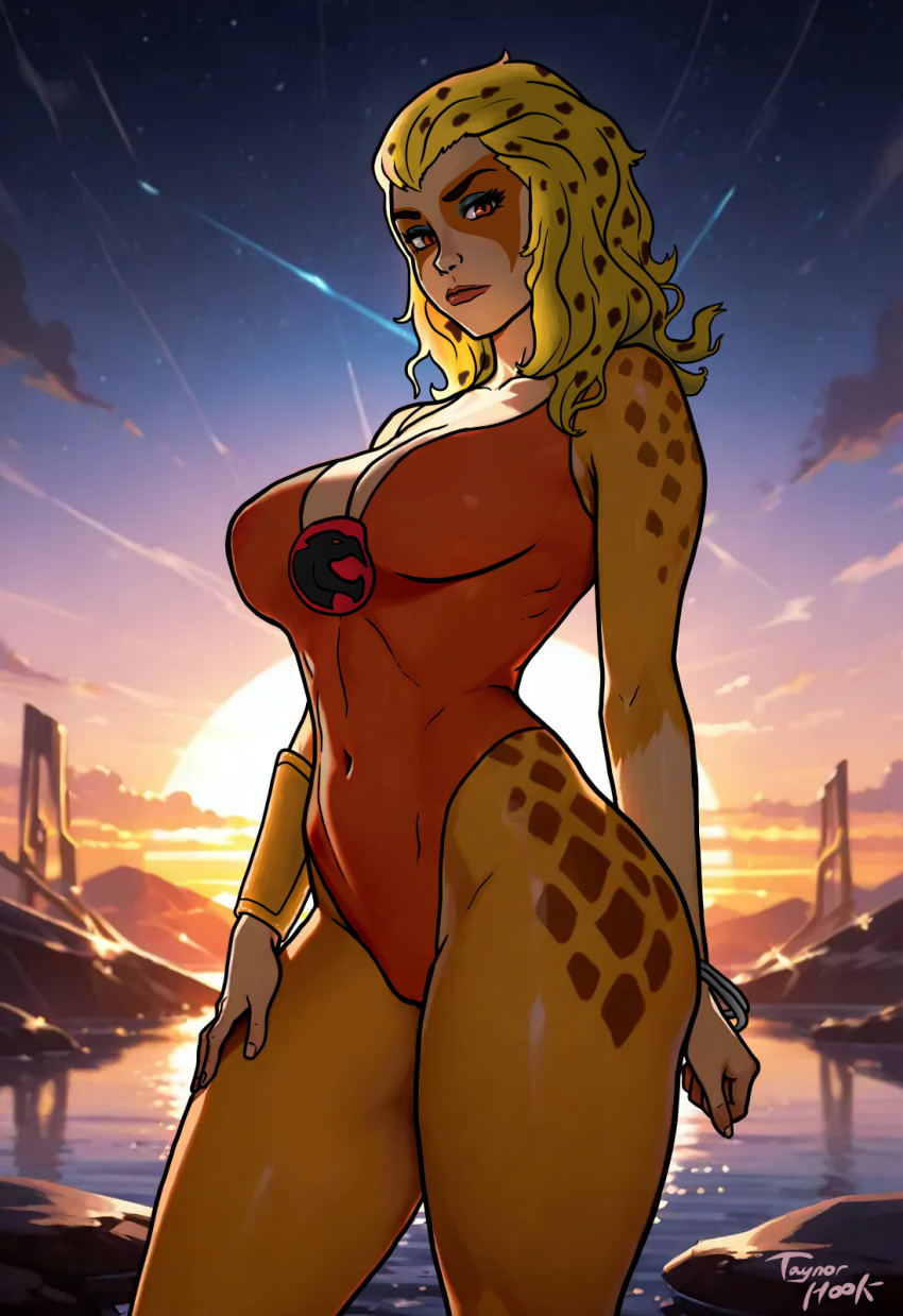 1girl arm_behind_back bare_arms bare_legs bare_shoulders big_breasts blonde_female blonde_hair bracelet bracer breasts cat_girl cheetah_girl cheetara cleavage clenched_hand closed_mouth cloud collarbone covered_navel eyeshadow facial_mark female_only female_solo gold_jewelry grey_eyeshadow half-closed_eyes hand_on_leg hand_on_own_leg hand_on_own_thigh hand_on_thigh head_down highleg highleg_leotard jewelry lake legs leotard lips lipstick long_hair looking_at_viewer makeup multicolored_body nail_polish neck orange_eyes orange_leotard outside pink_lipstick red_lipstick rock serious silver_bracelet silver_jewelry sky sleeveless sleeveless_leotard standing starry_sky straight_hair sun sunset taynorhook thick_thighs thighs thundercats water